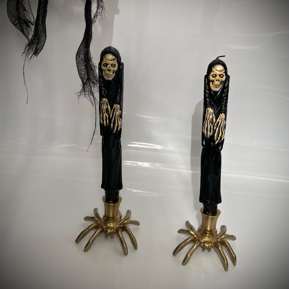 Rare Vintage Set of 2 Scary Ghoul Black Wax 10” Tapers Candles